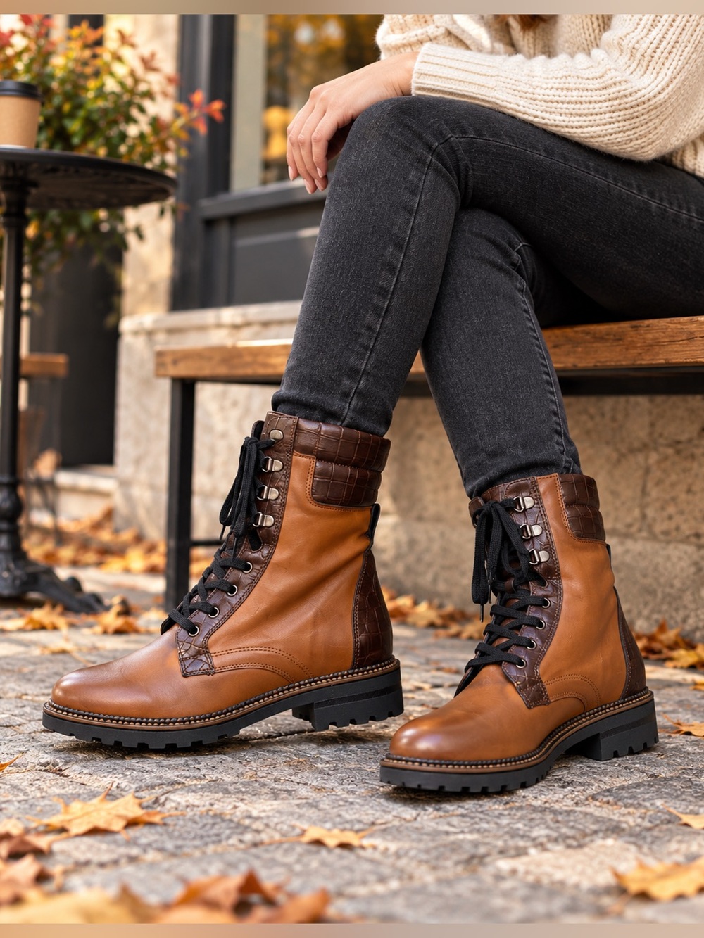 NWOB Divine Follie Leather Cognac Croc Embossed Combat Boots EU 36